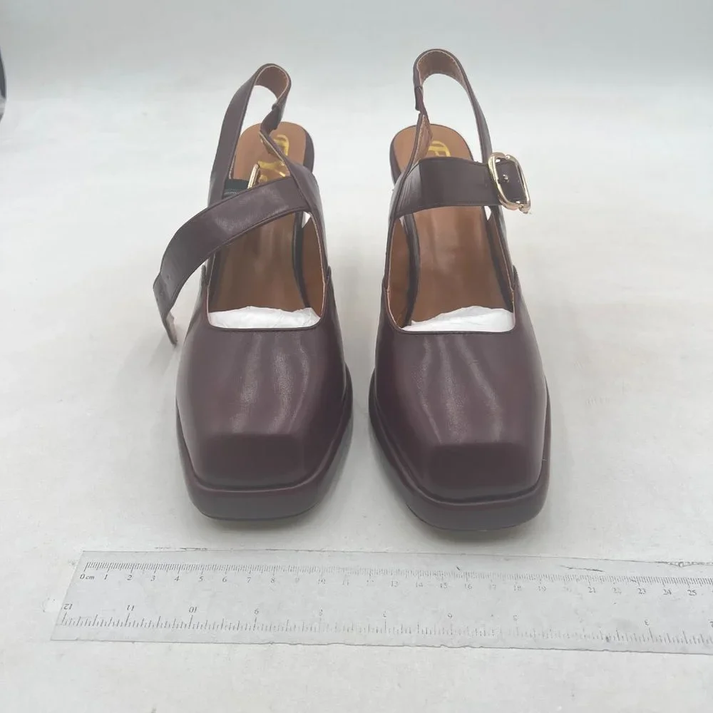 FYS Wine Platform Square Toe Pumps Chunky Block High Heel Mary Janes Slingback - Picture 3 of 8